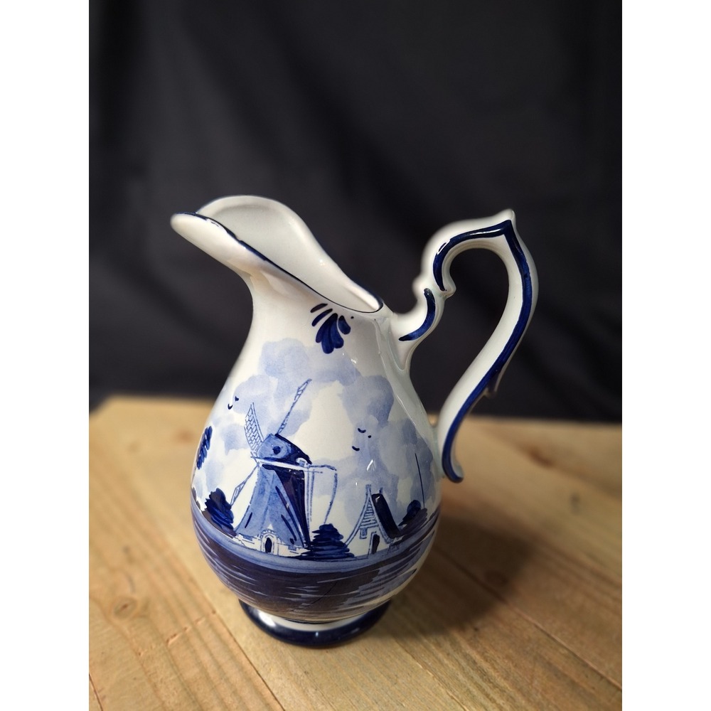 Delft Madfin Holland Blue White Windmill Pitcher Handpainted Vintage Ceramic 6+"